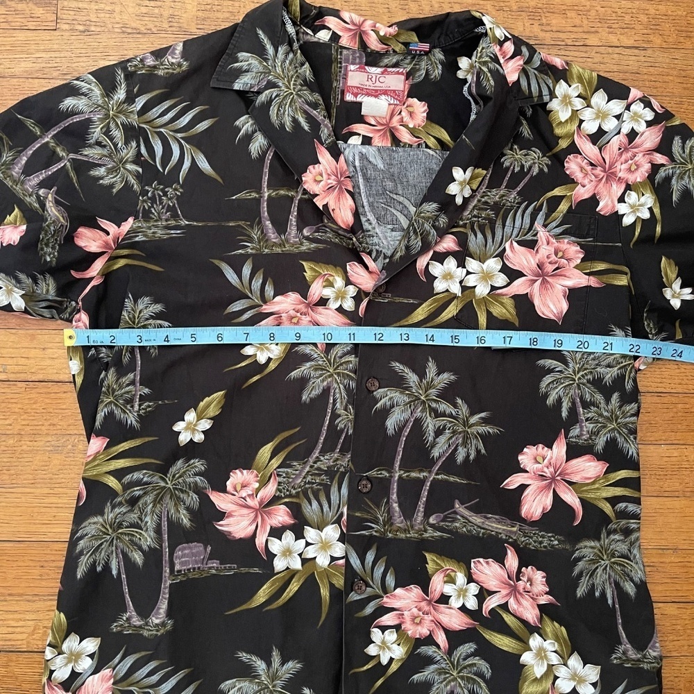 RJC Vintage Hawaiian Shirt 100% Cotton Black Floral Palm XL - Picture 4 of 6